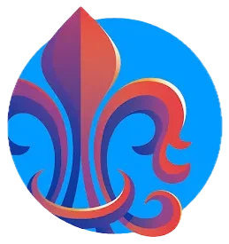 Stylized red and purple fleur-de-lis emblem on a bright blue circular background