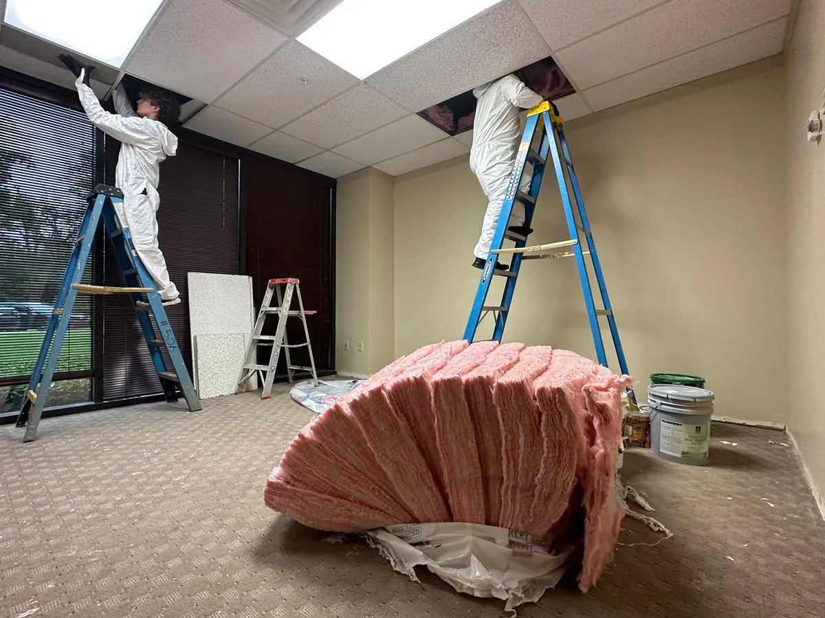 Two workers in white protective suits on ladders installing ceiling insulation, pink fiberglass batts on floor.