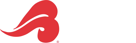 Red swoosh brand logo next to white text panel on black background