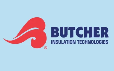 Butcher Insulation Technologies logo: stylized red B icon and bold blue text on a light blue background