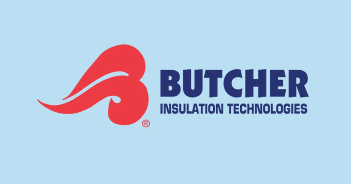 Butcher Insulation Technologies logo: stylized red B icon and bold blue text on a light blue background