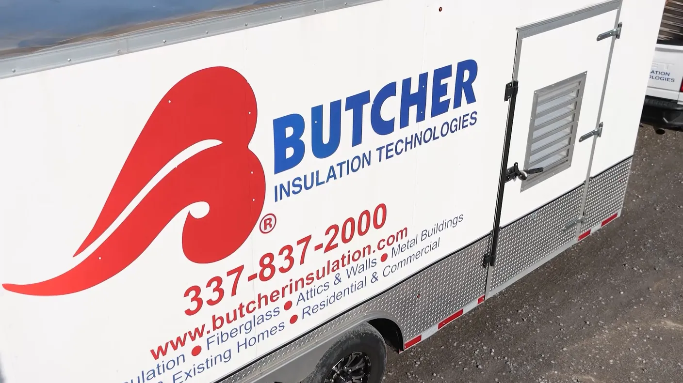 Side of Butcher Insulation Technologies truck with red 'B' logo, phone 337-837-2000 and www.butcherinsulation.com
